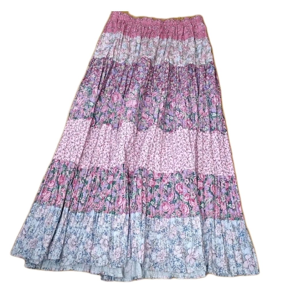 VTG USA Laura Michelle Tiered Maxi Skirt Large Pink Ditsy Floral Prairie Cottage